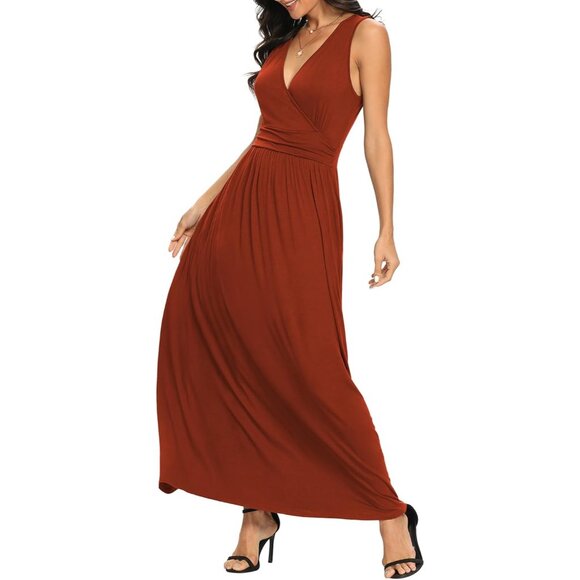 Women Caramel Deep V Neck Sleeveless Loose Plain Long Maxi Stretchy Dress - Picture 5 of 7